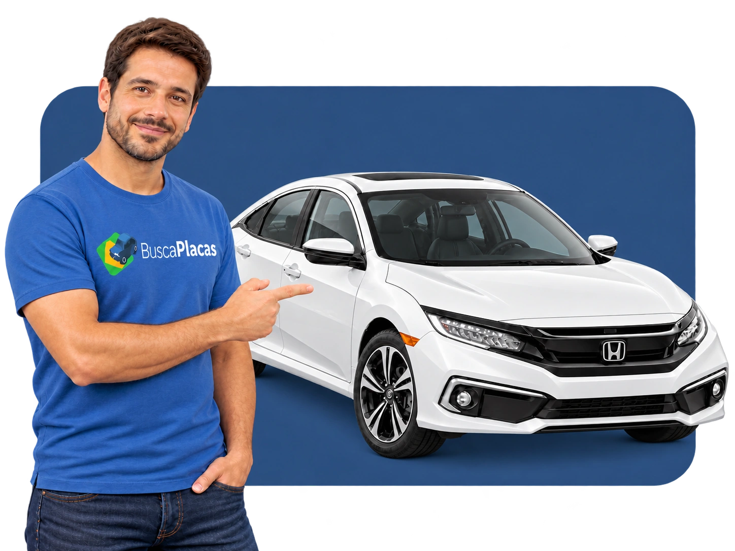 Rapaz com camiseta azul do Busca Placas ao lado de um Civic branco com informações de situação, leilão, restrições e indício de sinistro