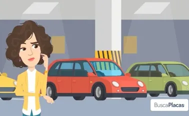 Capa do vídeo explicativo do Busca Placas com ilustração de uma consultora e carros