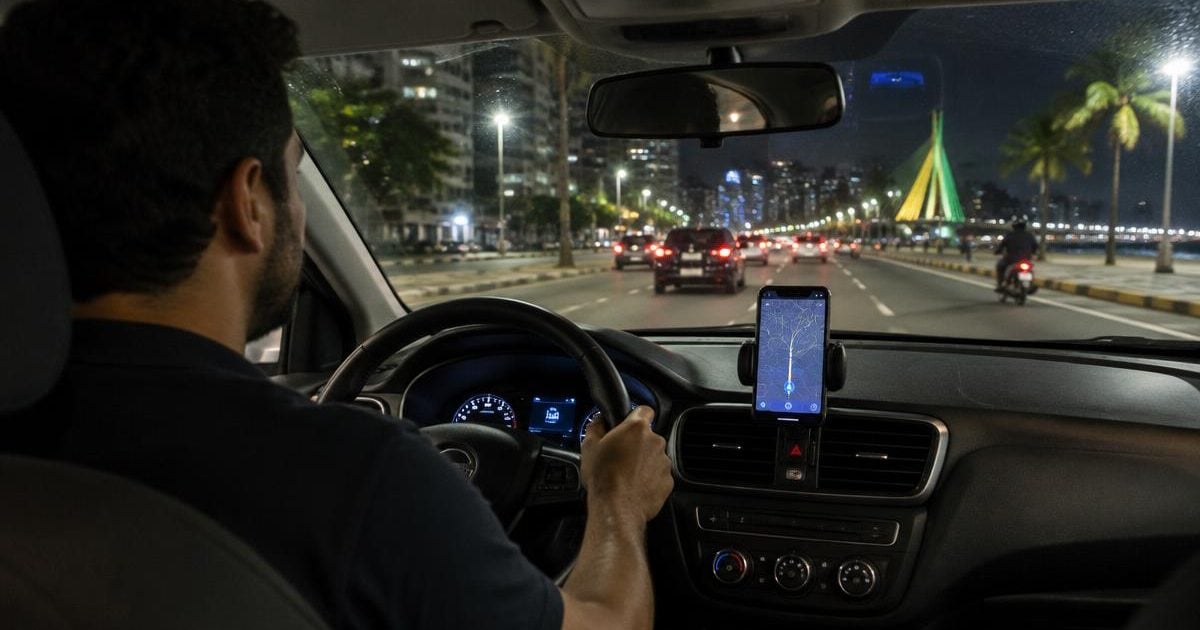 Motorista ao volante com celular no suporte