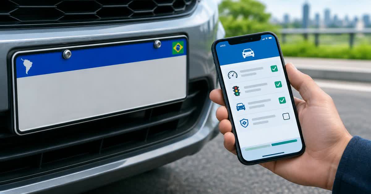 Placa de veículo ao lado de um celular