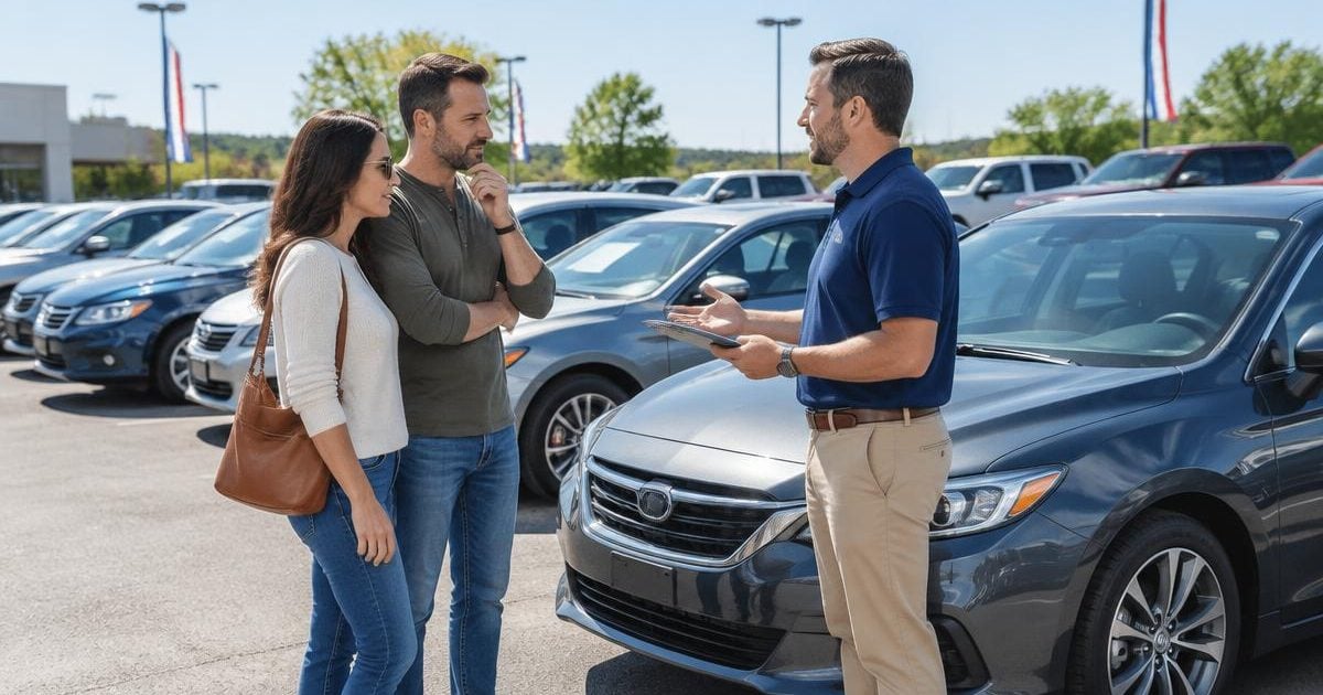 Compradores conversando ao lado de um carro